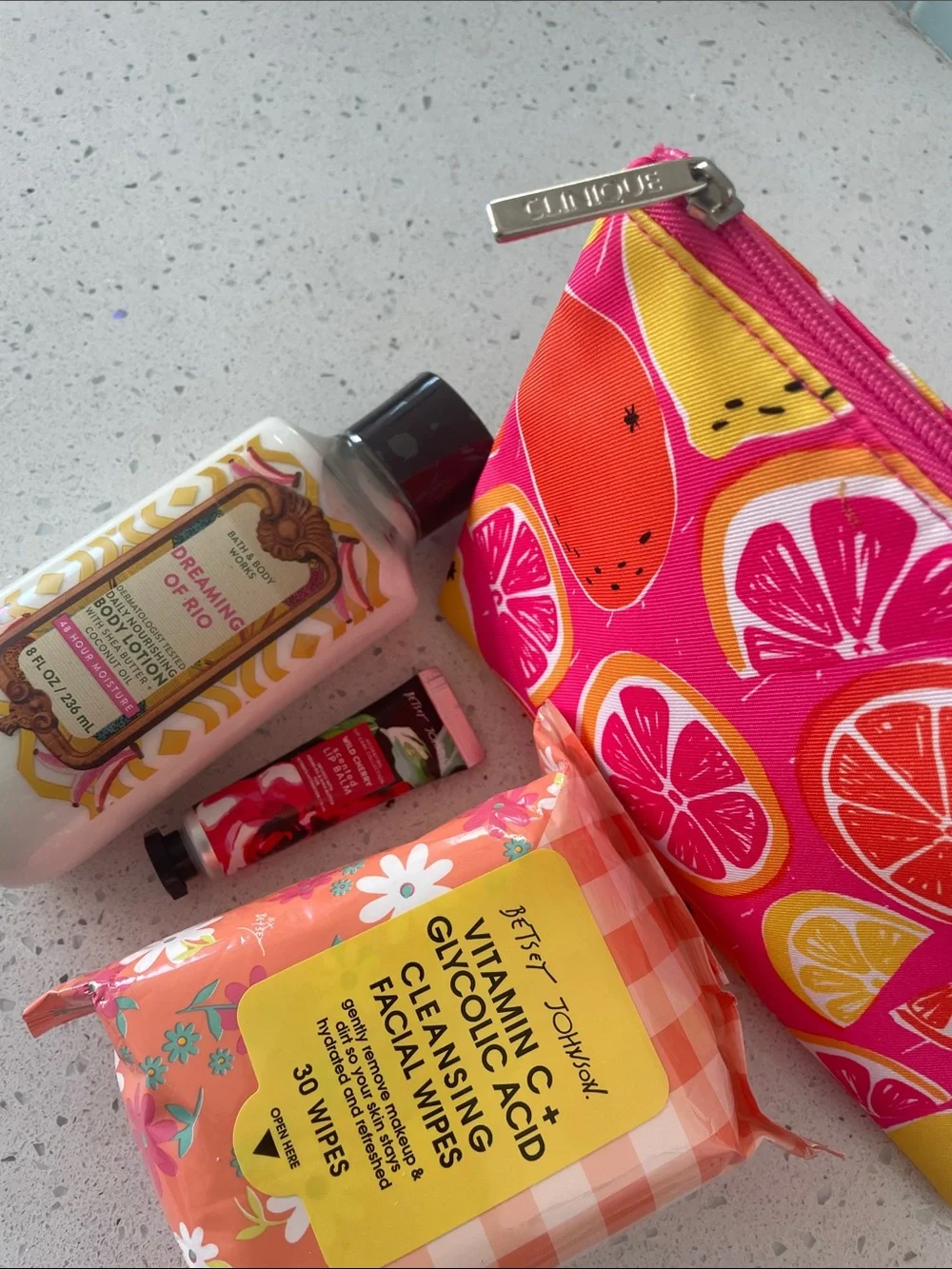 Bundle -Clinique Makeup bag, BBW lotion, Betsey Johnson face wipes, and lip balm